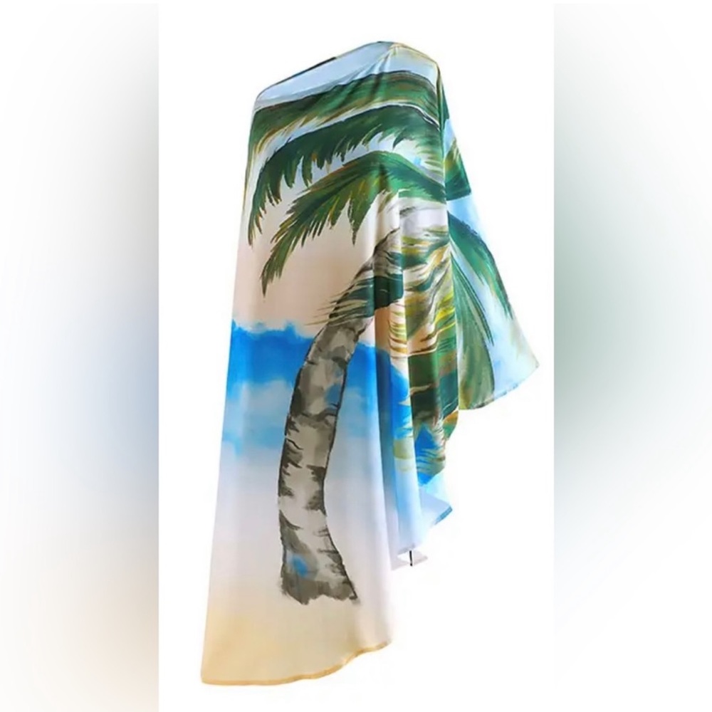 Palm Beach Aqua Luxury Asymmetrical Kimono Dress, One Arm Boat Neck Coverup - Picture 5 of 12